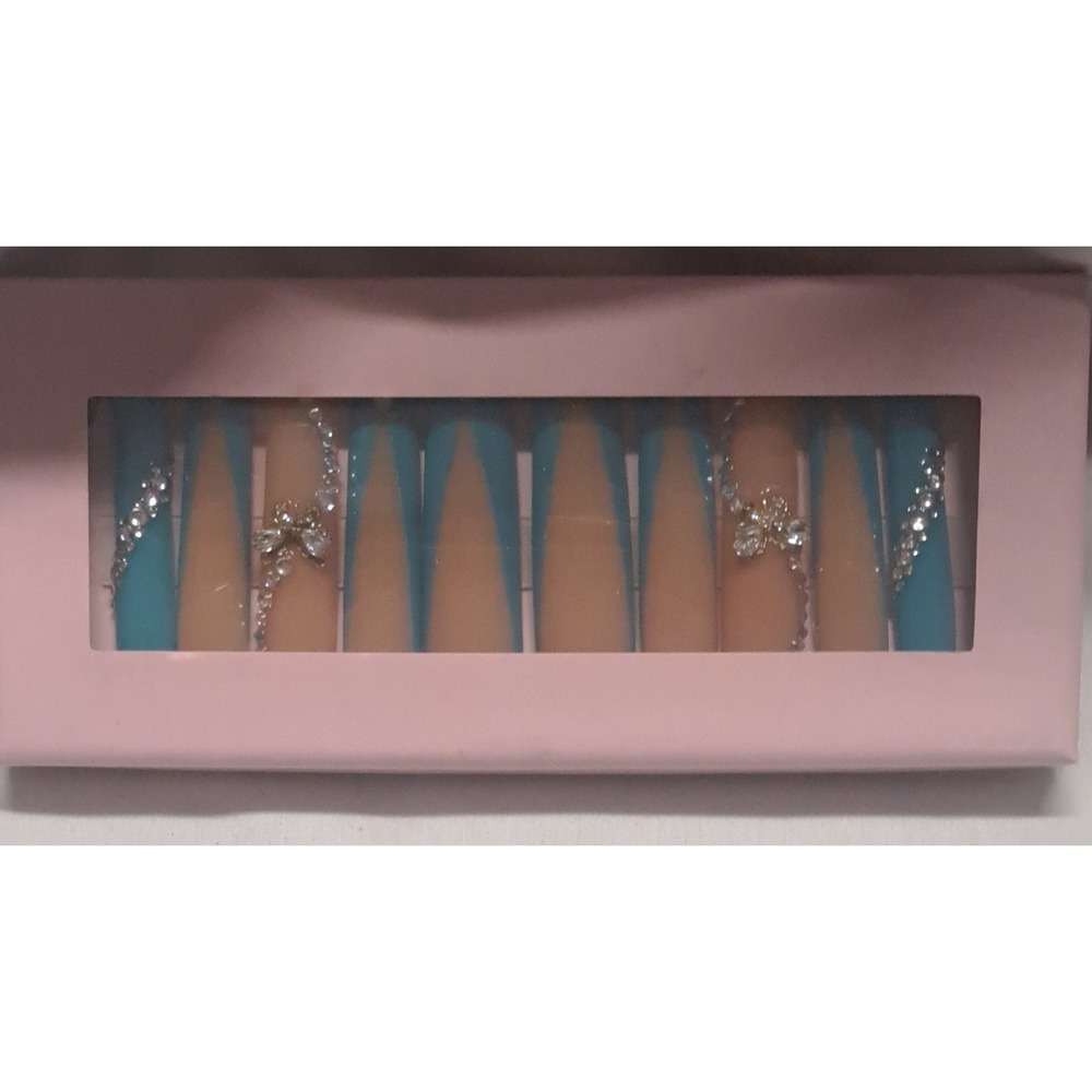Handmade Acrylic Press On Nails Tapered Square Blue Nude Butterfly Rhinestones